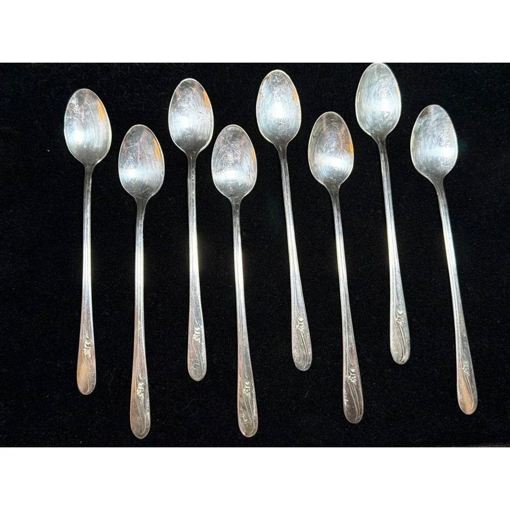 Vtg Silverplated Iced Tea Spoons Lot Of 8 H & T Mfg Co Meadow Flower 1940